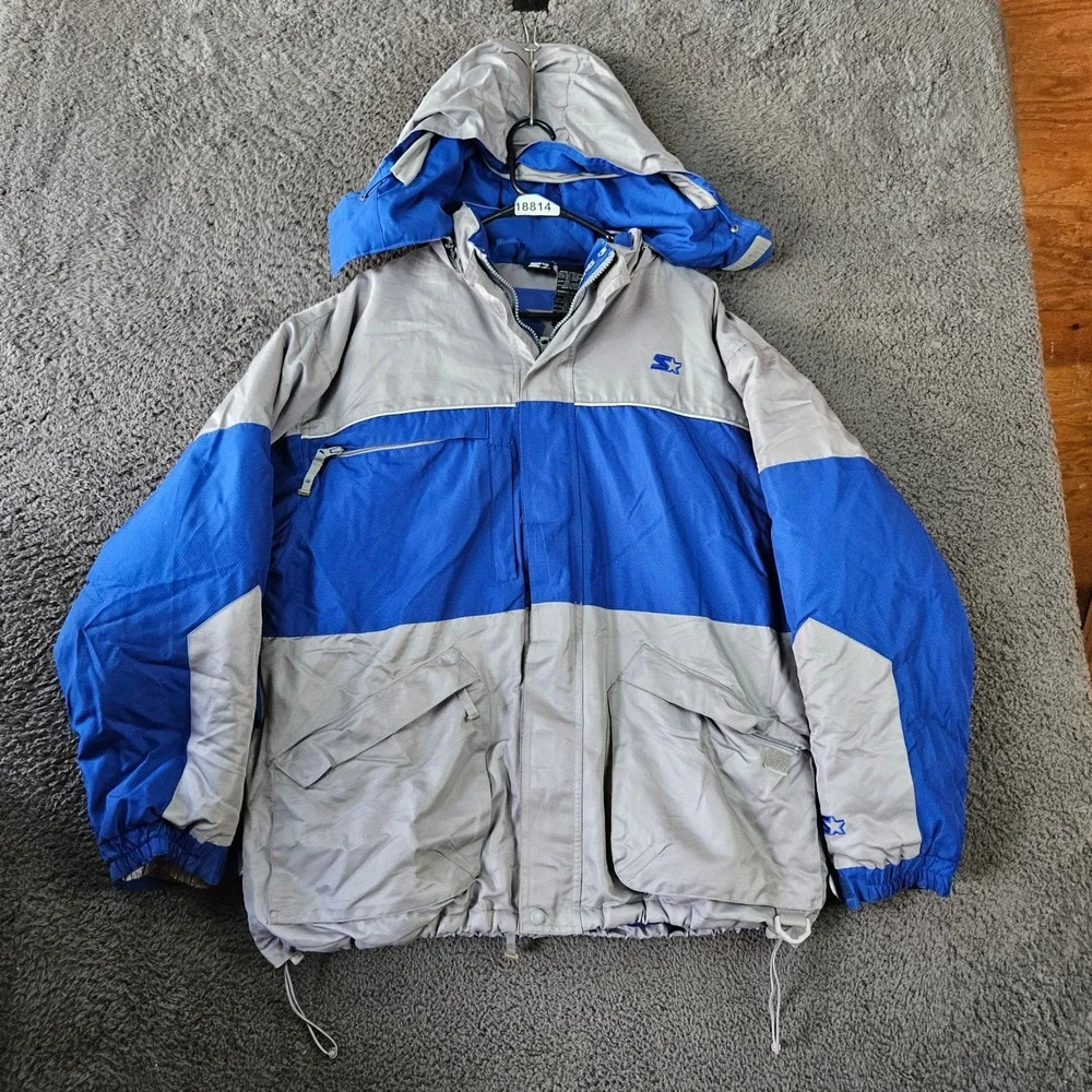 Starter Mens L Jacket Hooded Winter‎ Puffer Down Feather Gray Blue